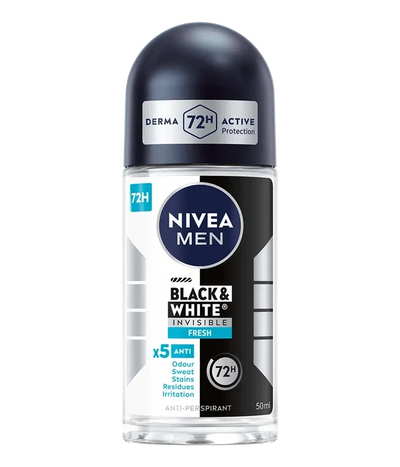NIVEA MEN Déodorant Roll-On Black & White Invisible Fresh 50ml – Protection 72h Sans Traces et Fraîcheur Durable