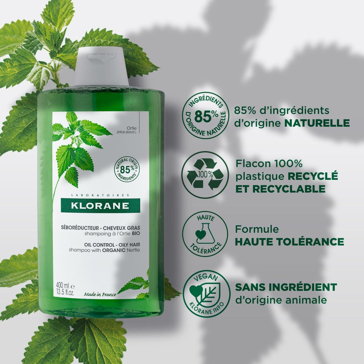 Klorane – Shampoing Séboréducteur à l'Ortie BIO – Cheveux gras 400 ml