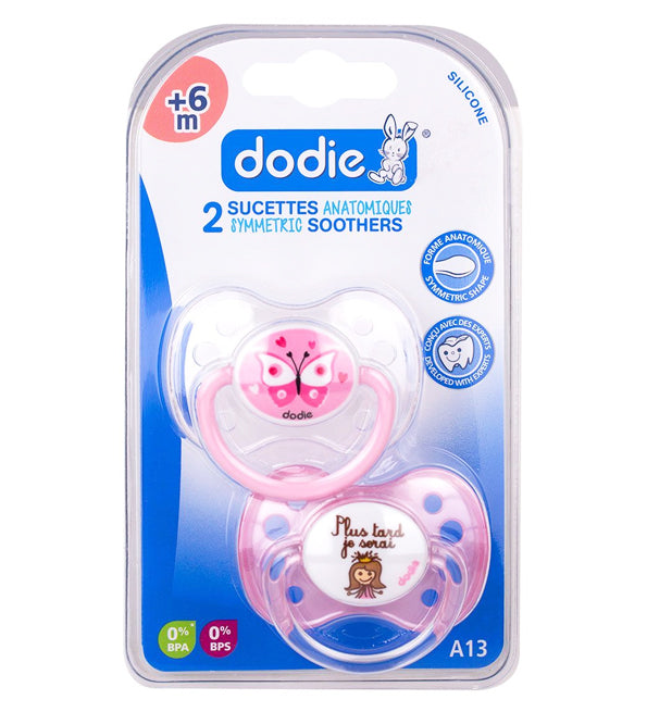 Dodie – Sucettes forme anatomique silicone (6M +) N°A13 – Papillon & Princesse