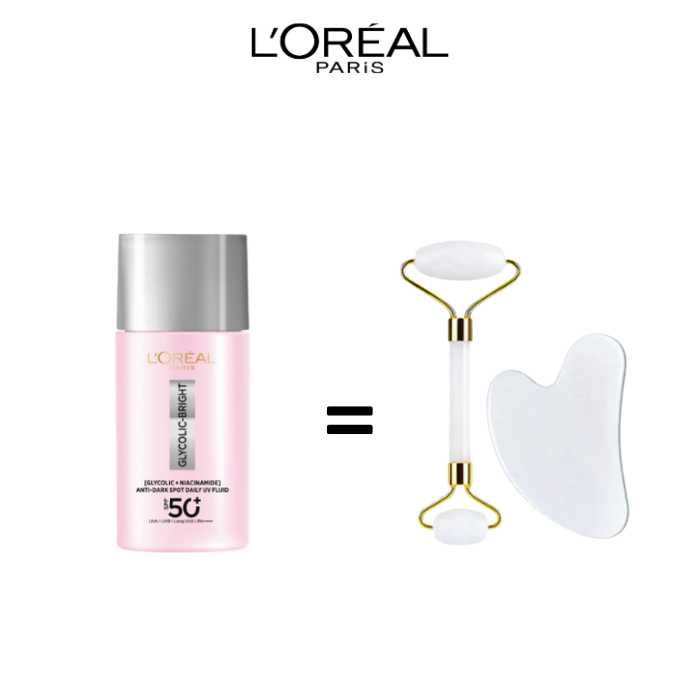 L'OREAL PARIS GLYCOLIC-BRIGHT ANTI-DARK SPOT DAILY UV FLUID SPF50 50ML - coffret guasha OFFERT