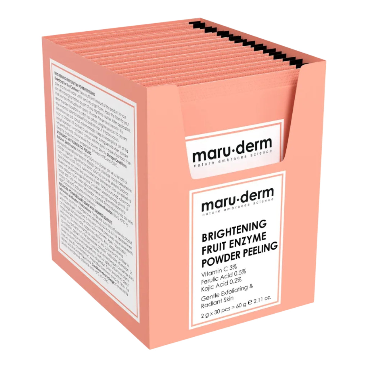 MARUDERM PEELING ECLAIRCISSANTE AUX ENZYMES DE FRUITS EN POUDRE 60G 30 PCS – Teint Lumineux & Uniforme