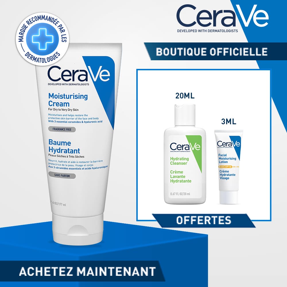 Cerave baume hydratant nourrissant peau sèche à très sèche 177ml - Creme lavant 20ML+ Crème hydratante 3ML OFFERTS