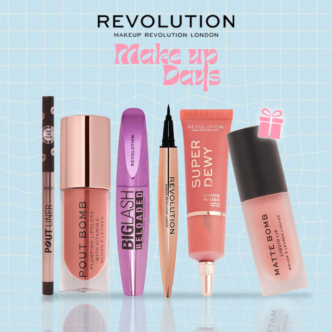 Revolution Pack Full Face Lipliner + Gloss + Eyeliner + Mascara + Blush - Matte Bomb Offerte