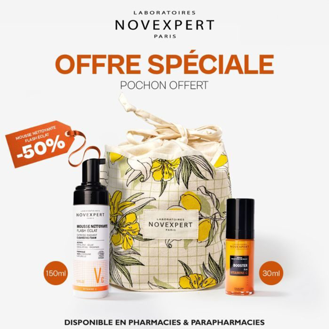 NOVEXPERT OFFRE SPECIALE DUO PEAU ECLATANTE sérum booster 30ml + Mousse Flash Eclat 150 ML + POCHON