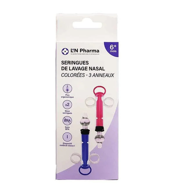 L2N Pharma Lot de 2 Seringues Bébé pour Lavage Nasal à anneaux Colorés