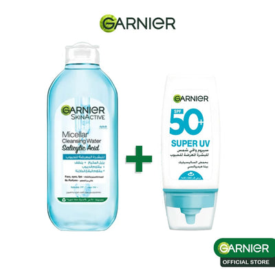 GARNIER Solution Micellaire ANTI ACNE 400ml + Super UV Serum Sunscreen SPF50+ PA++++ – Peaux à Imperfections & Anti-Acné