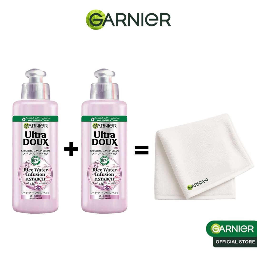 GARNIER ULTRA DOUX LOT DE 2 Rice Water Crème sans rinçage à l'eau de riz et à l'amidon 200ML - Serviette offerte