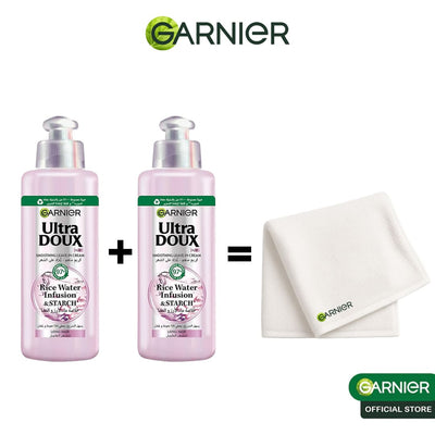 GARNIER ULTRA DOUX LOT DE 2 Rice Water Crème sans rinçage à l'eau de riz et à l'amidon 200ML - Serviette offerte