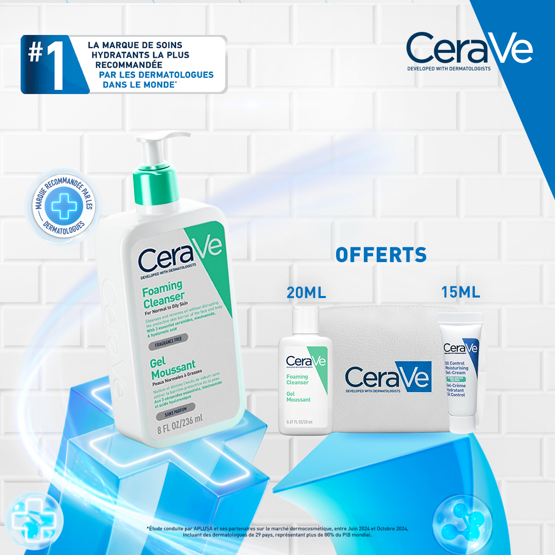 Cerave gel moussant nettoyant peau normale à grasse 473ml - Gel moussant 20ML + gel creme hydratant 15ml + Trousse OFFERTS
