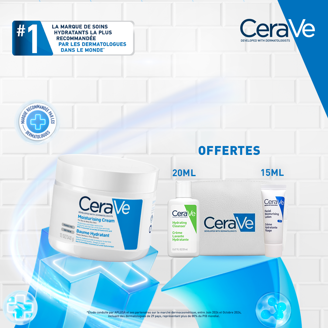 Cerave baume hydratant – 340 g - Crème Lavante 20ml + Crème Hydratante 15ml + Trousse OFFERTS