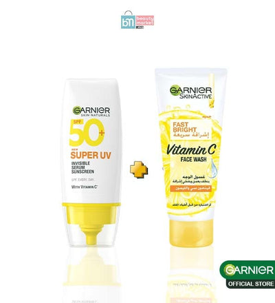 Garnier super uv invisible serum sunscreen spf 50 pa++++ uva/b + gel nettoyant fast bright