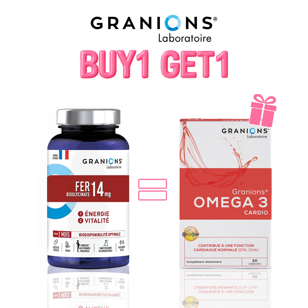 Granions Fer Bisglycinate 14 mg B60 Gélules - Oméga 3 Cardio 30 Gélules Offerte – Énergie et vitalité