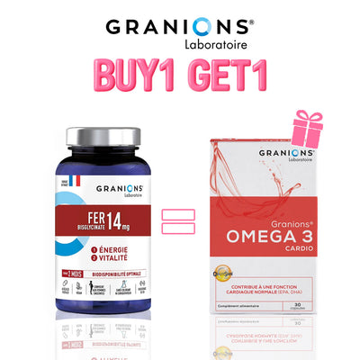 Granions Fer Bisglycinate 14 mg B60 Gélules - Oméga 3 Cardio 30 Gélules Offerte – Énergie et vitalité