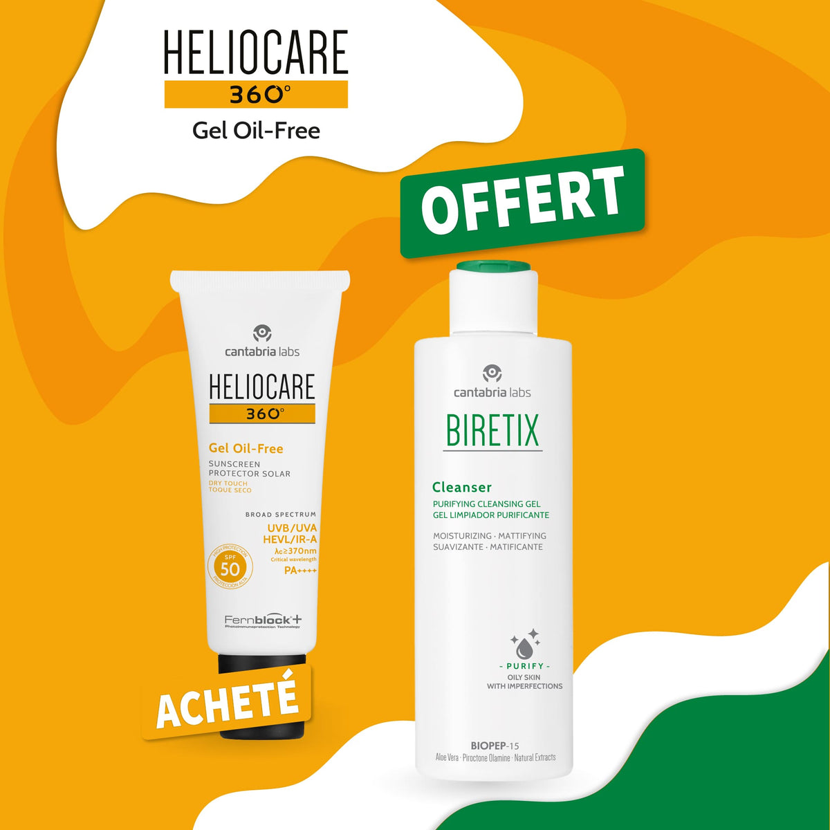 CANTABRIA Heliocare 360º Gel Oil-free SPF 50 – 50 ml - Biretix gel 200 ML Offert