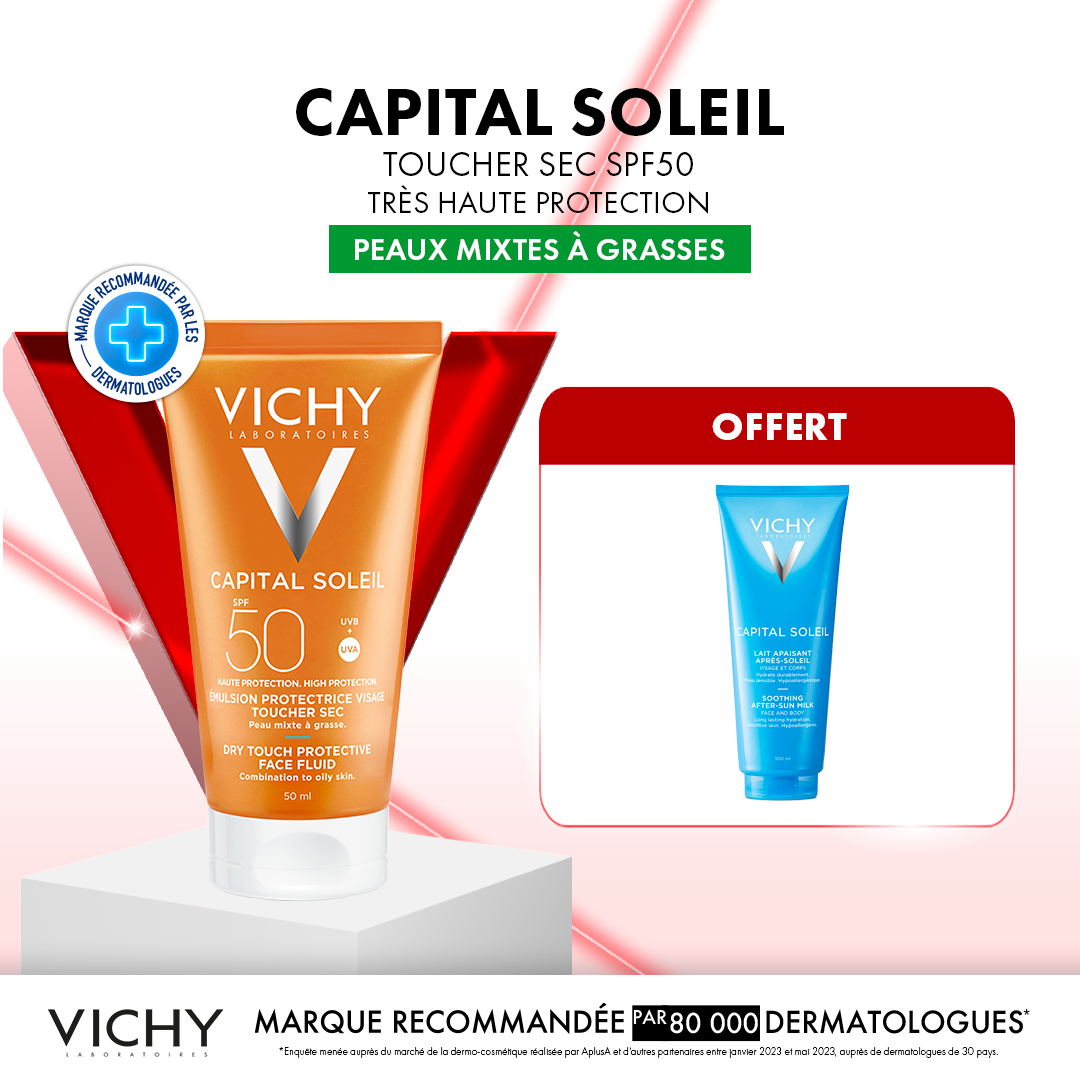 Vichy Capital Soleil Émulsion Toucher Sec SPF50 Peau Sens Mixte à Gras - Après Soleil 100 ml OFFERT