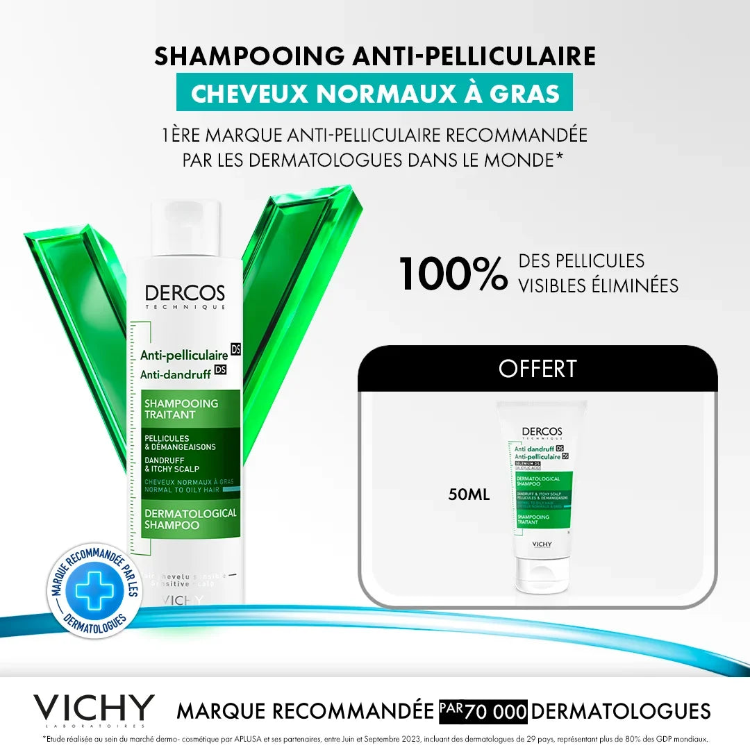 Vichy Dercos Shampooing traitant Antipelliculaire Cheveux Normaux à Gras 200ml - Mini Shampooing 50ml OFFERT