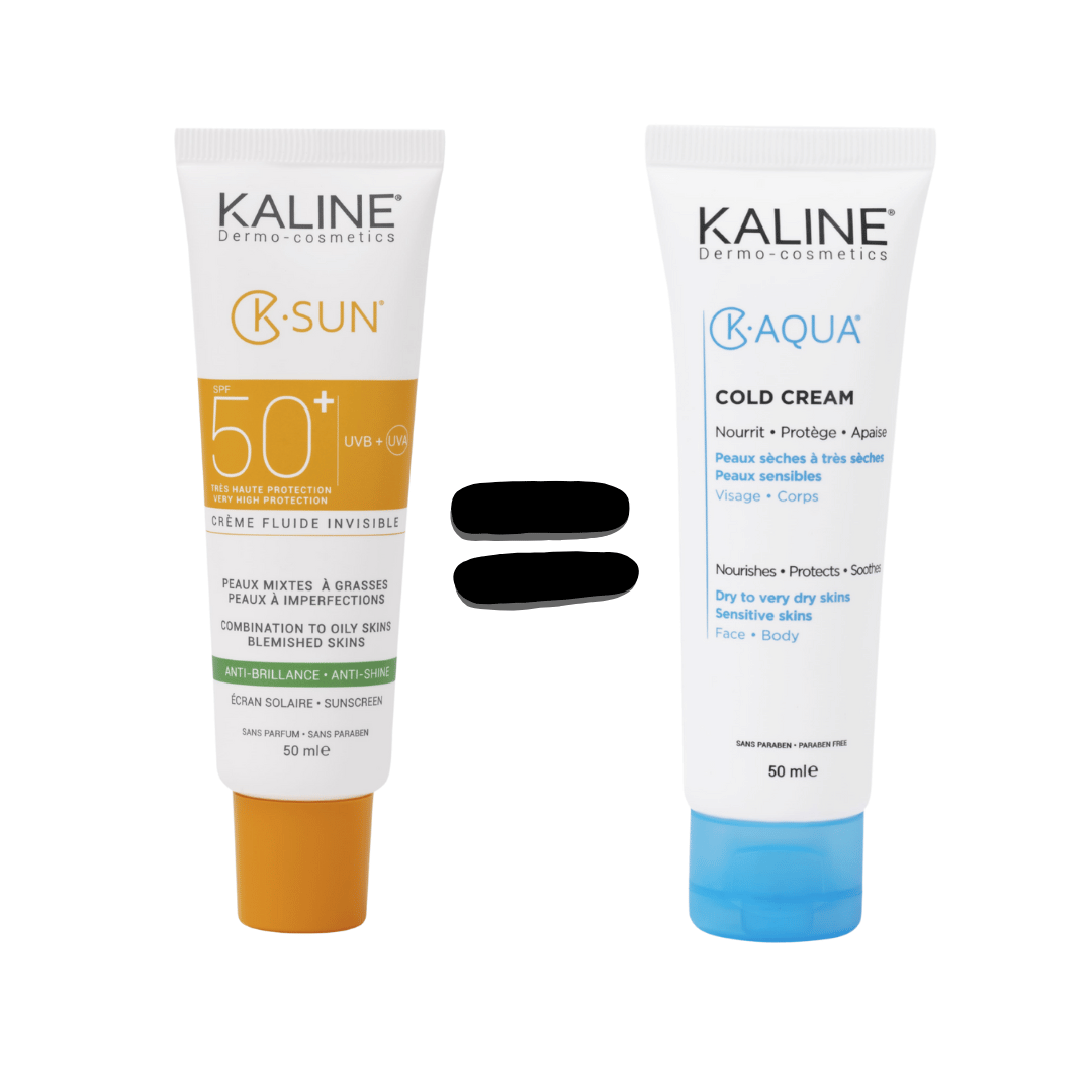 Kaline pack K-Sun écran solaire Invisible Peaux Mixtes a Grasses spf 50 - k.aqua Cold Creme Offert