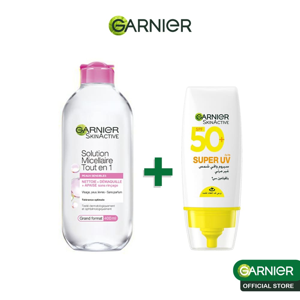 Garnier solution micellaire tout en 1 peaux sensibles 400ml + super uv invisible serum sunscreen spf 50 pa++++ uva/b